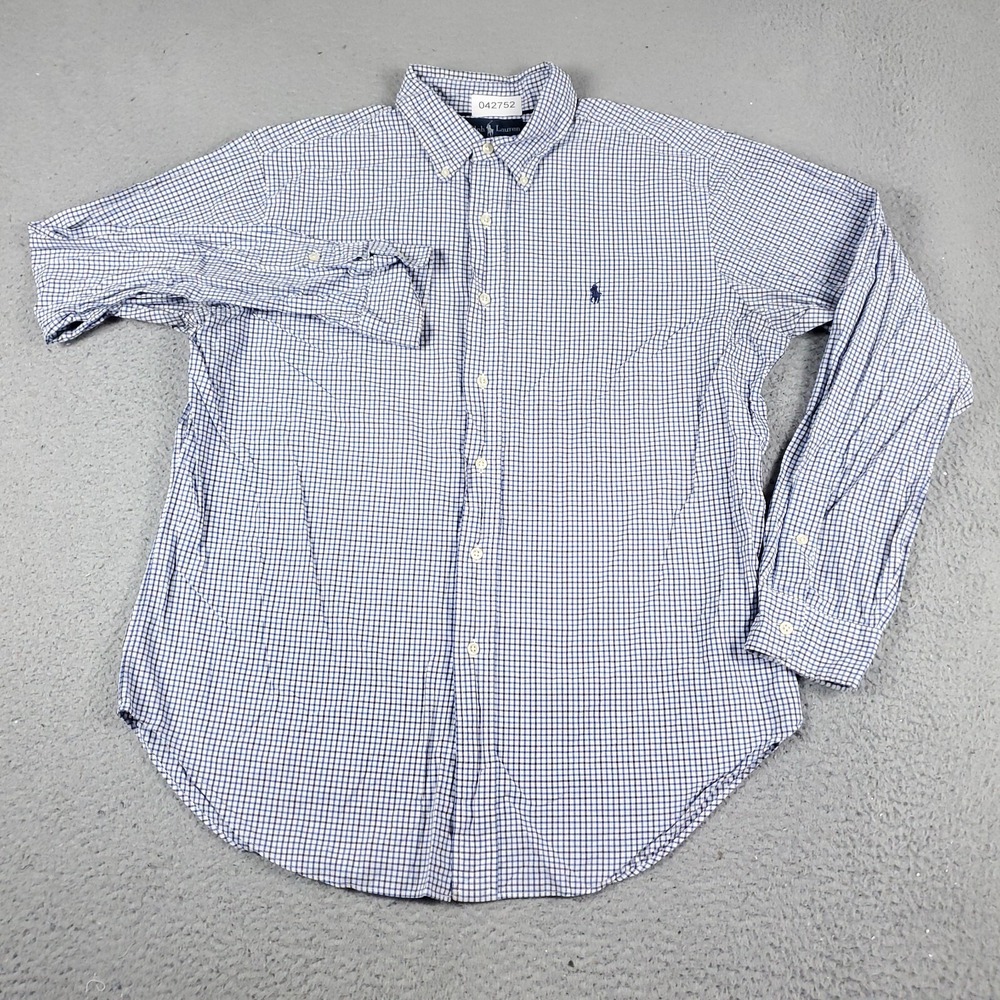 Ralph Lauren Shirt Mens Large White Blue Check Pony Button Up Long Sleeve *